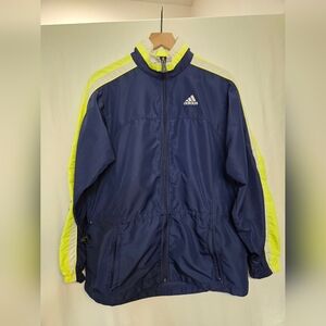 Vintage 90s Women's Adidas Windbreaker Jacket Medium Navy Blue Neon Drawstring